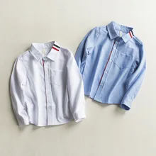 Осень-зима ; рубашка для мальчиков и девочек; детская одежда; белая блузка с длинными рукавами; хлопковые топы в полоску для маленьких детей; школьная одежда; 2-7Y