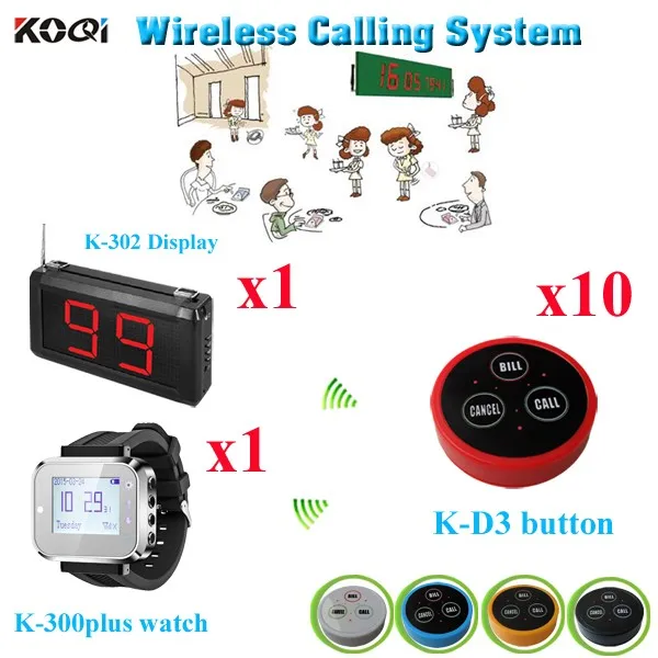 K-302+K-300plus+K-D3 1+1+10 Wireless Sound System Waiter Call To The Restaurant Wireless Watch Call Service Call Customer (1 display+ 1 watch+10 button)