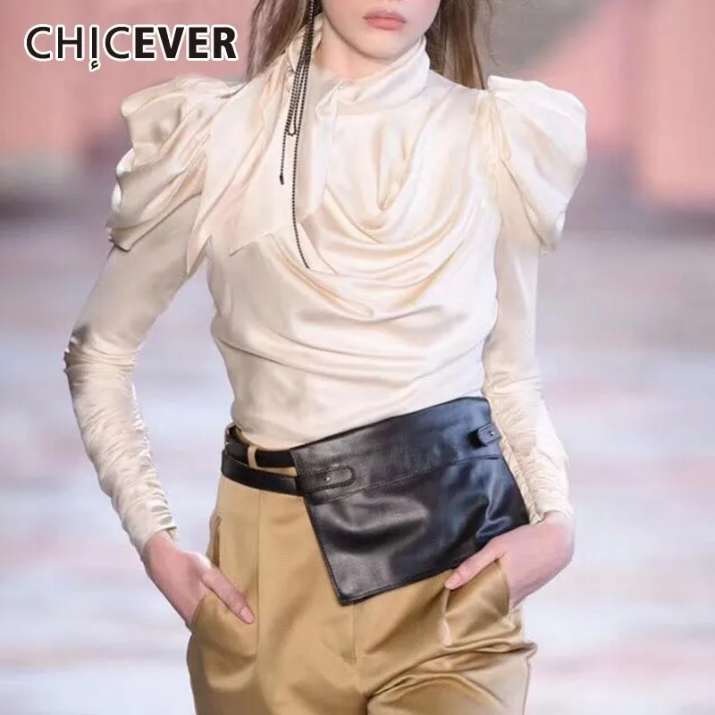 

CHICEVER Summer Streetwear Solid Satin Women's Blouse Irregular Bow Collar Long Sleeve Draped Slim Shirt Women's Clothing 2019
