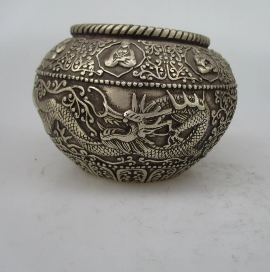 

Antique antiques Collectible Decorated Old Handwork Tibet Silver Carved dragon jars/ Decorative bottles