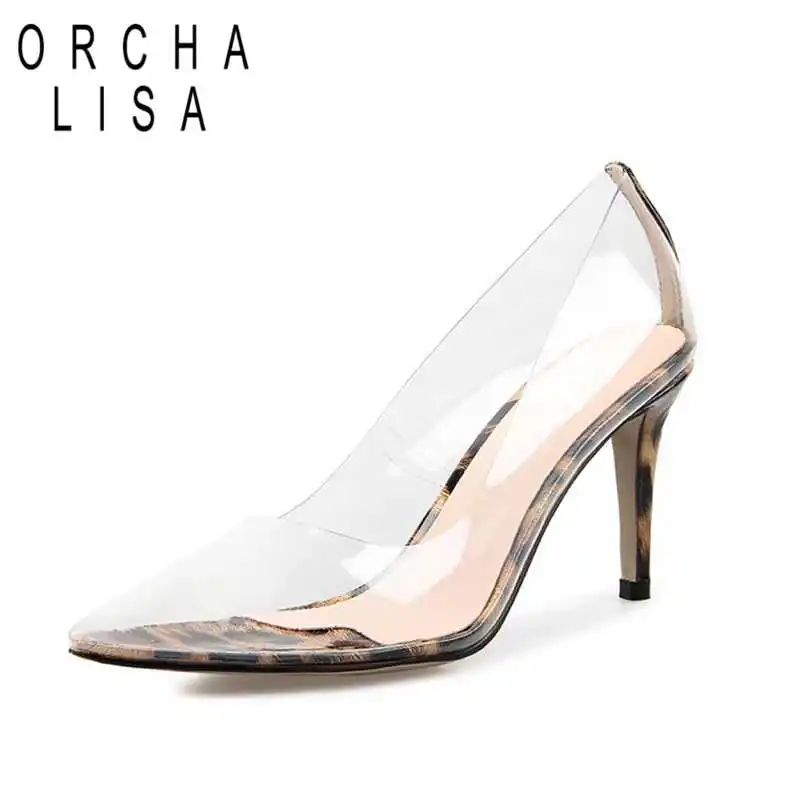 

ORCHA LISA Sexy Women Clear PVC Thin High Heels Pumps Dress Party Office Lady's Pumps Shallow Pointed Toe Shoes Stilettos Mujer