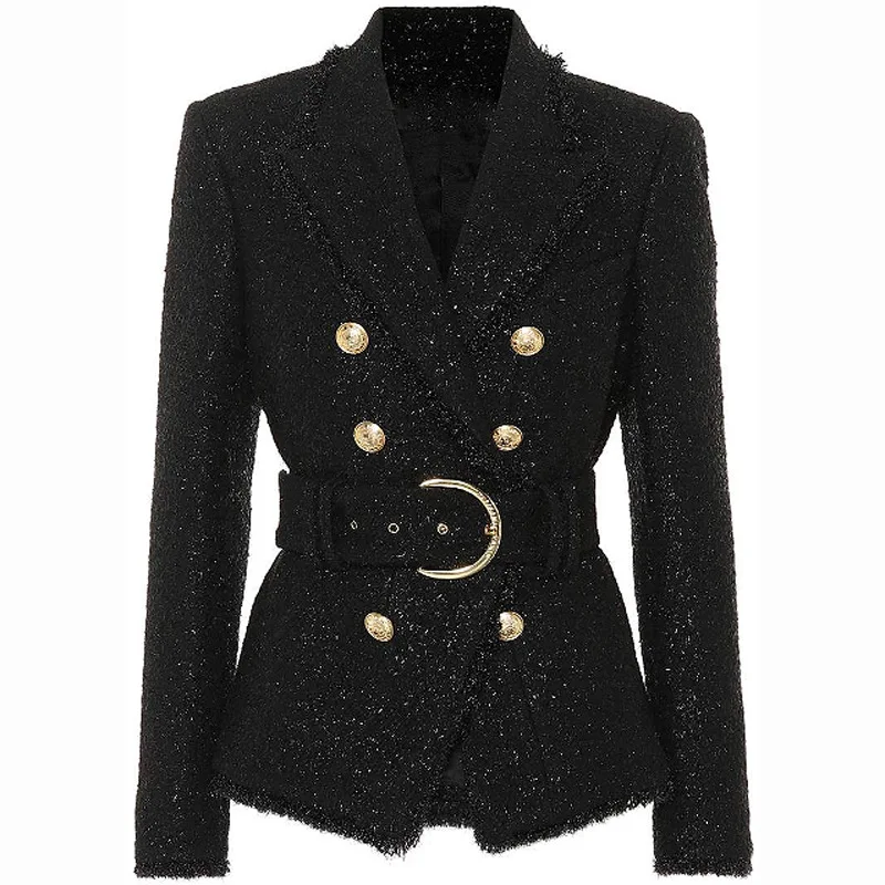 

2020 New Style The British Temperament Short Glittery Bright Silk Threads Wool Belt Slim Fit Double Breasted Long Blazer Jacket