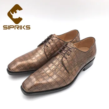 

Sipriks Luxury Italian Custom Mens Sewing Welted Shoes Alligator Skin Bronze Derby Shoes Fashion Grooms Wedding Party Shoes