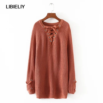 

Solid With Belt Long Pullovers Sweater Women Nice Spring And Autumn V-neck Long Sleeve Sweaters Woman Casual Sweaters Female