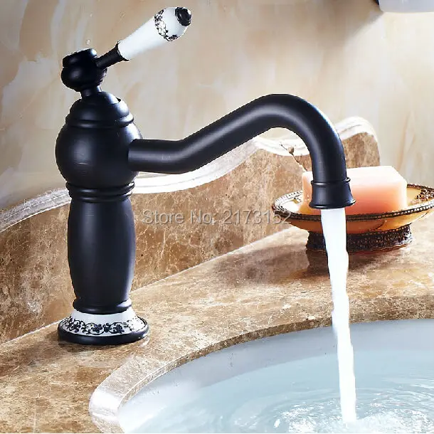 

Free Shipping Short Black Bronze Bathroom Faucet Black Painted Decorated With Ceramic Long Mouth Basin Sink Mixer Tap B-018