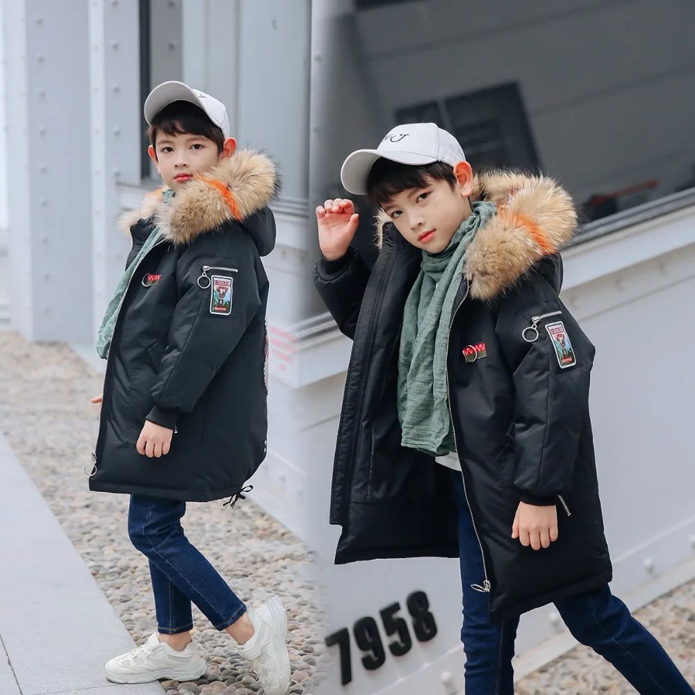 Модные зимние детские пуховые куртки, парки цветные теплые пуховые пальто на утином пуху с мехом для маленьких мальчиков-подростков верхняя одежда на-30 градусов