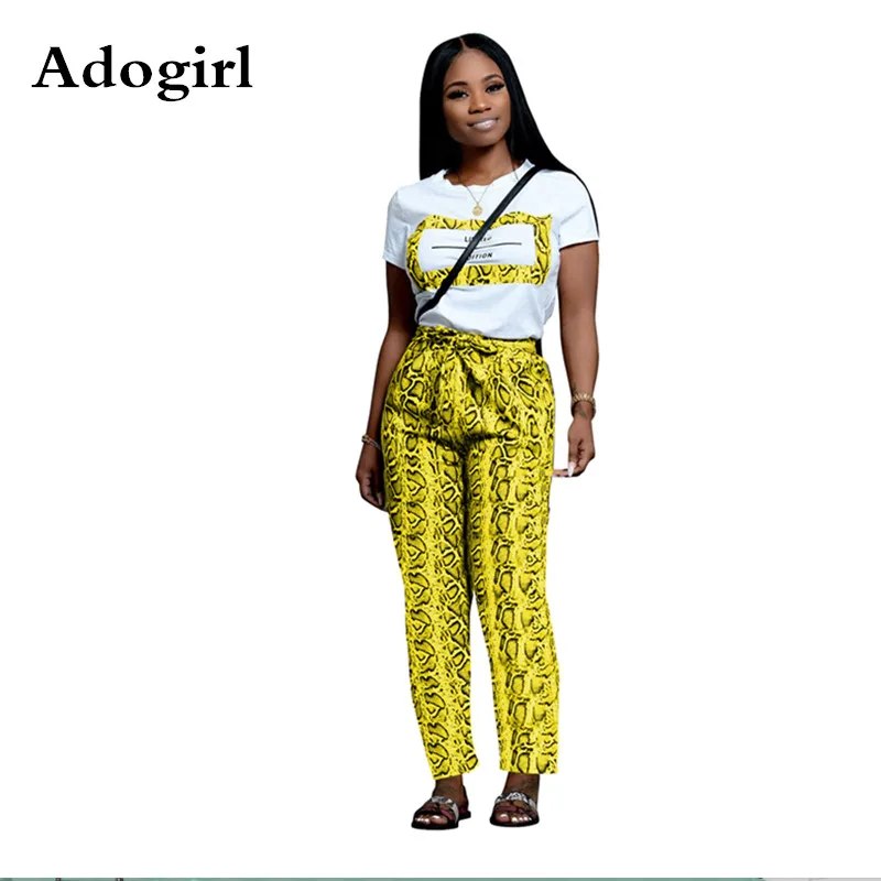 

Adogirl Leopard Letter Print Two Piece Set O Neck Short Sleeve Women T Shirt Top +Bow Tie Pockets Pants Fashion Sporty Tracksuit