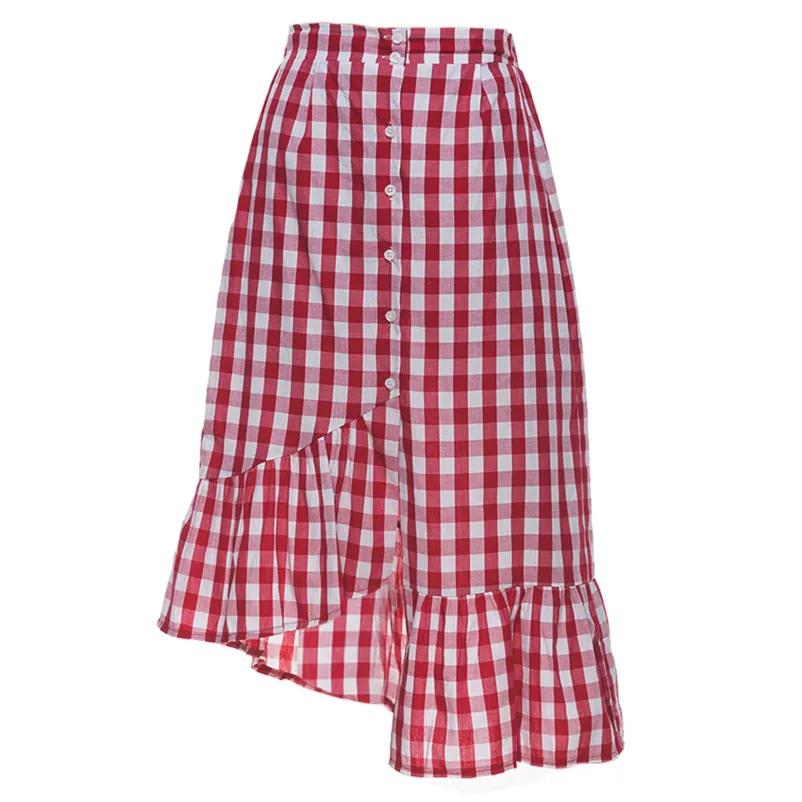 New Fashion 2018 Summer style skirts womens Plaid Casual Ruffled Button Party Slit High Waist Mid-Calf Skirt Femme Saia Y18#N (7)