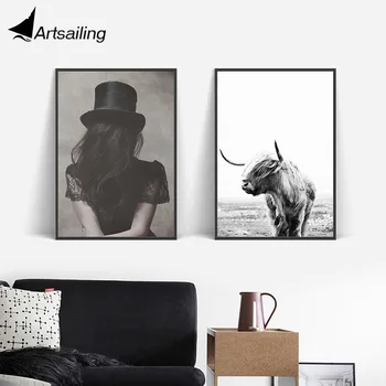 

Nordic wall art Beauty's Back View and Yak canvas Painting wall pictures For Living room Scandinavian posters and Prints -PH482