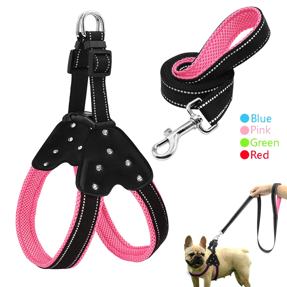 Reflective Nylon Rhinestone Dog Harnesses Step in Soft Mesh Padded
