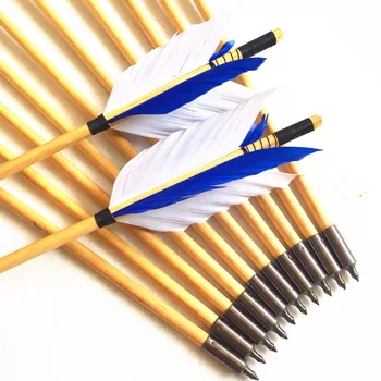 

New 6/12/24 pcs Traditional Handmade Wooden Arrow 32inch Archery Blue and White Feather for Longbow Training Supplies whole
