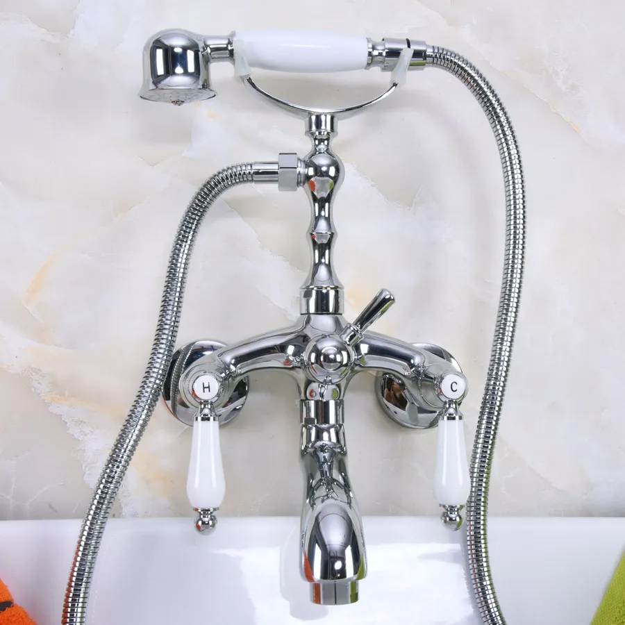 

Polished Chrome Brass Double Ceramic Handles Wall Mounted Bathroom Clawfoot Bathtub Tub Faucet Mixer Tap w/Hand Shower ana220