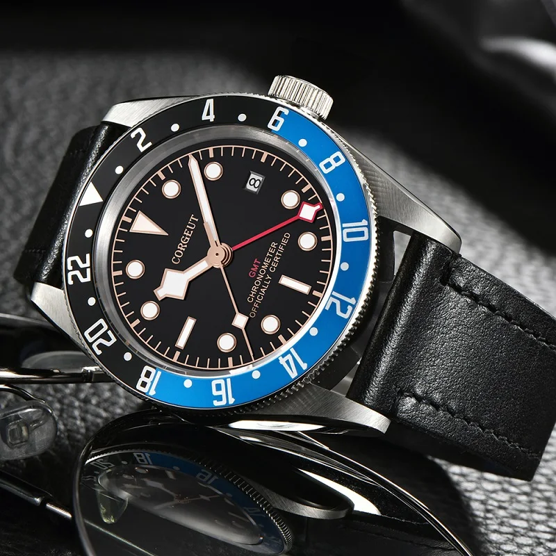 

Corgeut Luxury Brand Black Bay GMT Men Automatic Watch Military Sport Swim Clock Leather Mechanical Watch Men