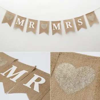 

Mr & Mrs Print Vintage Linen Swallowtail Flag Burlap Pennant Bunting Birthday Wedding Party Decoration Banners