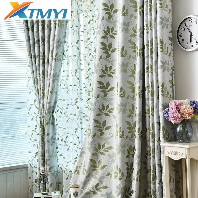 

pastoral style Window Decorations Green leaves printed curtain for bedroom living room Fabric Curtains