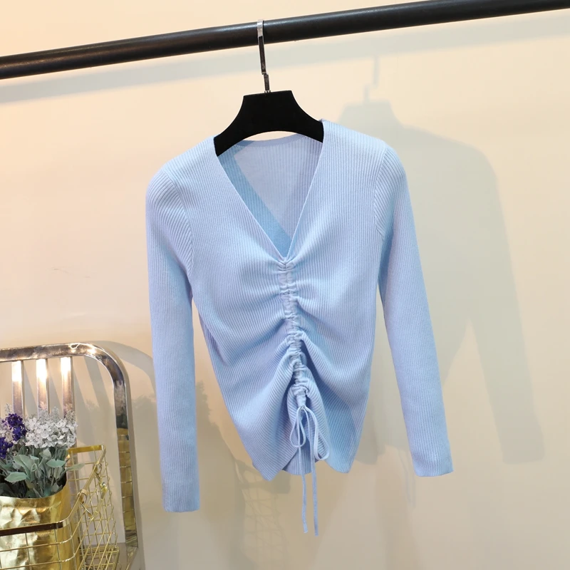 Casual Lace Up Knitted Sweater Women Skinny Slim Knitting Pull Femme Jumper Crop Top Winter Sweater Tricot Pullover Candy Colors (13)