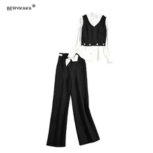 New Arrival Three-Pieces Spring Autumn Black Stripe Fashion Women's Business Pants Suits For Women 3 Pieces Set European Style New Arrival Three-Pieces Spring Autumn Black Stripe Fashion Women's Business Pants Suits For Women 3 Pieces Set European Style