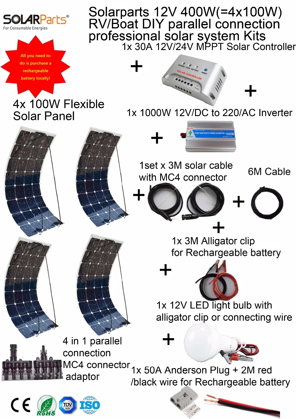 Prix pour Solarparts 1x400 W Professionnel DIY RV/Bateau/Marine Kit Système Solaire 4x100 W flexible panneau solaire MPPT contrôleur Onduleur LED Prix pour Solarparts 1x400 W Professionnel DIY RV/Bateau/Marine Kit Système Solaire 4x100 W flexible panneau solaire MPPT contrôleur Onduleur LED