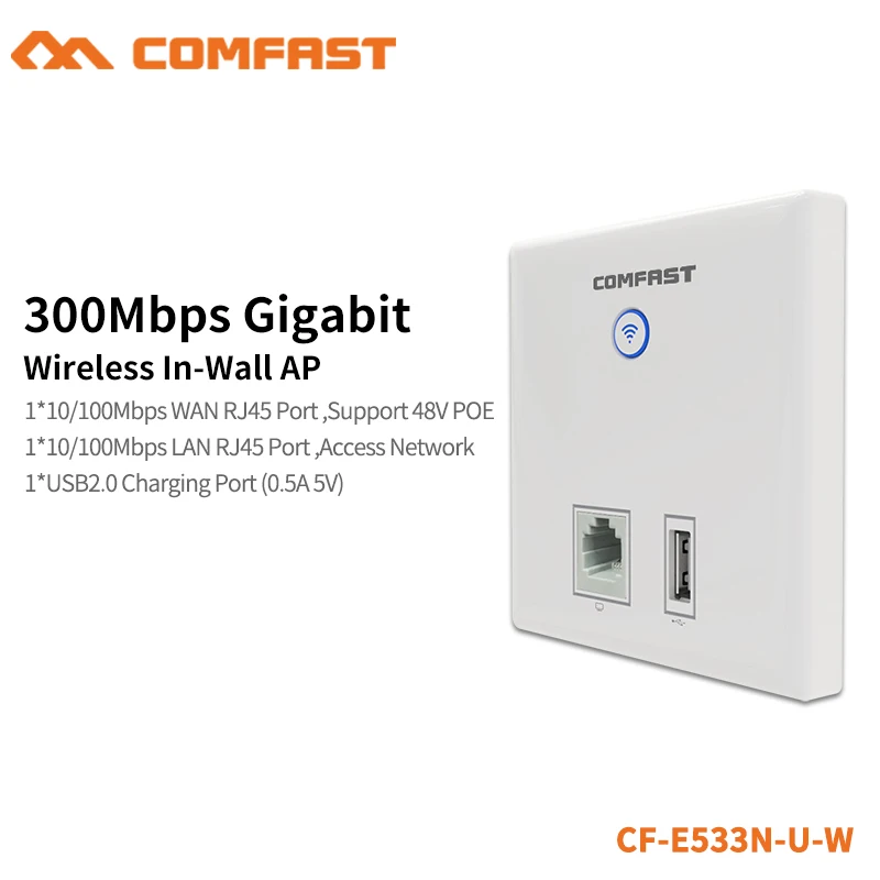 Comfast 300 Мбит/с в стены Wi-Fi маршрутизатор точка доступа Беспроводной разъем AP для гостиничного проекта RJ45 USB2.0 зарядки CF-E533N-U-W