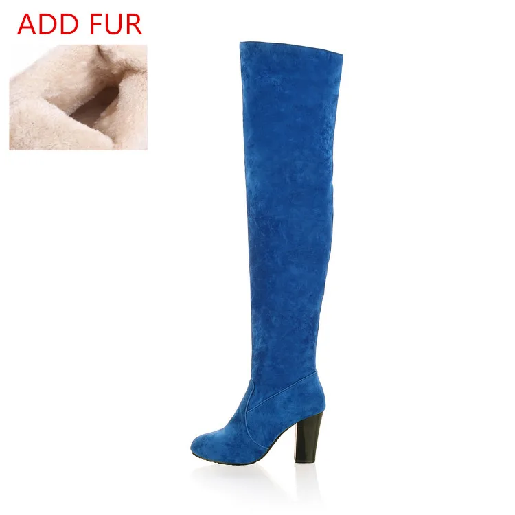 Большой размер 34-45, хит г. Новые высококачественные женские сапоги замшевые ботфорты женские осенне-зимние ботфорты на высоком каблуке - Цвет: blue add fur