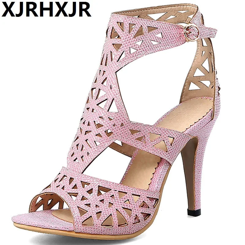 

XJRHXJR Women's Rhinestone Back Zip High Heel Sandals Brand Designer Open Toe Summer Evening Bride Shoes Sexy Thin Heels Bigsize