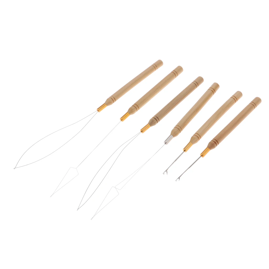 6Pcs/Set Wooden Hair Extensions Loop Needle Threader Wire Pulling Hook Tool for Beads