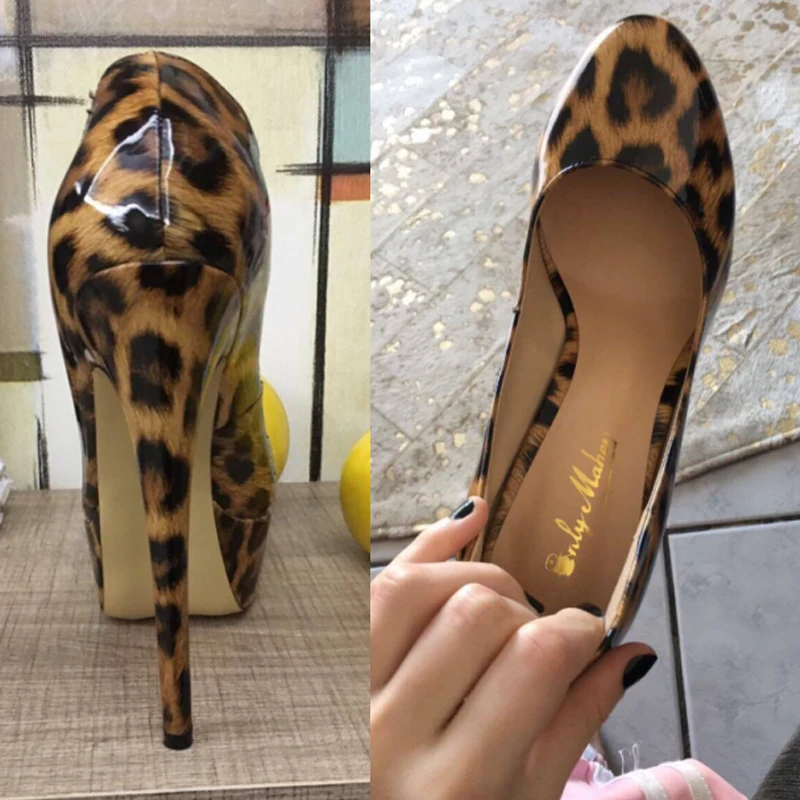 Onlymaker Women's Platform16CM Thin Heels Pumps Fashion Leopard Round Toe Shoes Sexy Party wedding Stiletto Plus Size US5~US15