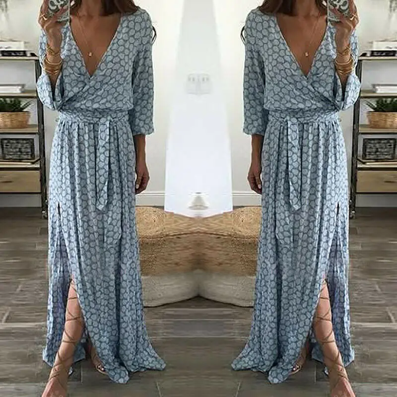 

Women Long Dress Floral Printed V Neck Long Sleeve High Waist Boho Long Dress Ladies Evening Party Femme Summer Clothes