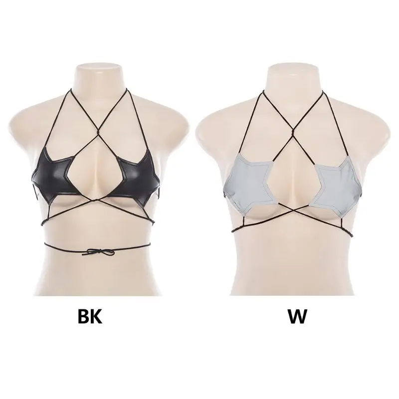

Womens Sexy Glitter Reflective Five-Pointed Star Bra Strappy Bandage Halter Top Bralette Nightout Clubwear Party Bandeau