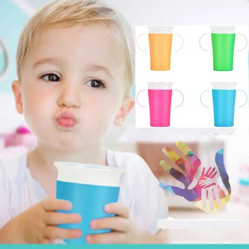 Можно поворачивать на 360 градусов, Детская обучающая Питьевая чашка с двойной ручкой и откидной крышкой, герметичная детская чашка для бутылок T0365