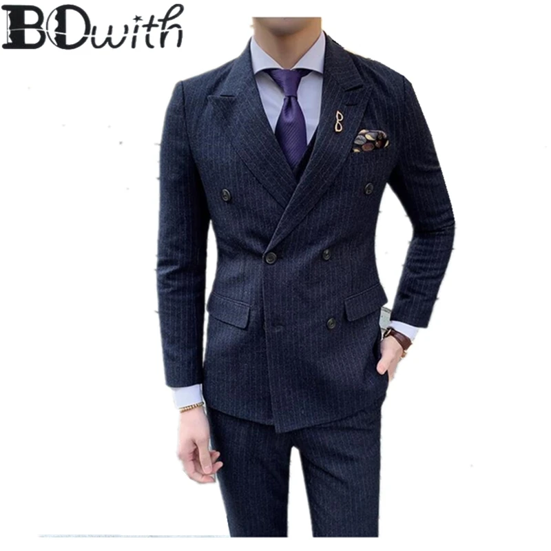 

Navy Men Suit Peaked Collar Double Breasted Slim Fit 3 Pieces Jacket+Pants+Vest For Wedding Groom Tuxedos Formal Suits