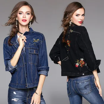 

Europe 2018 Women 's High Fashion Street Loose Single Breasted Floral Embroidery Denim Jackets Female Spring Short Jeans Coats