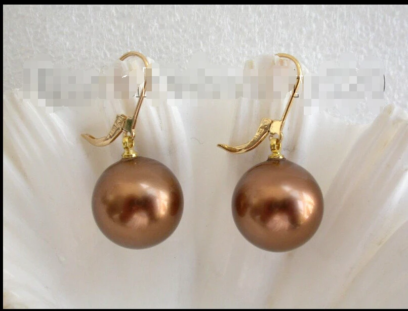 

00 FREE SHIPPING dstunning big 16mm round coffee south sea shell pearls dangle earrings 14K s1049