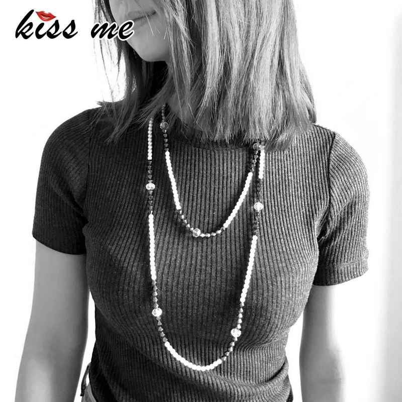 

KISS ME Brand Simulated Pearls Long Necklace Charming Beads Chain Necklaces for Women Fashion Jewelry