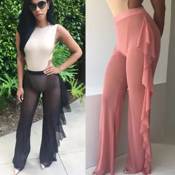 

AU Sexy Womens Mesh Palazzo Wide Leg Flared Ladies Stretch High Trousers Pants