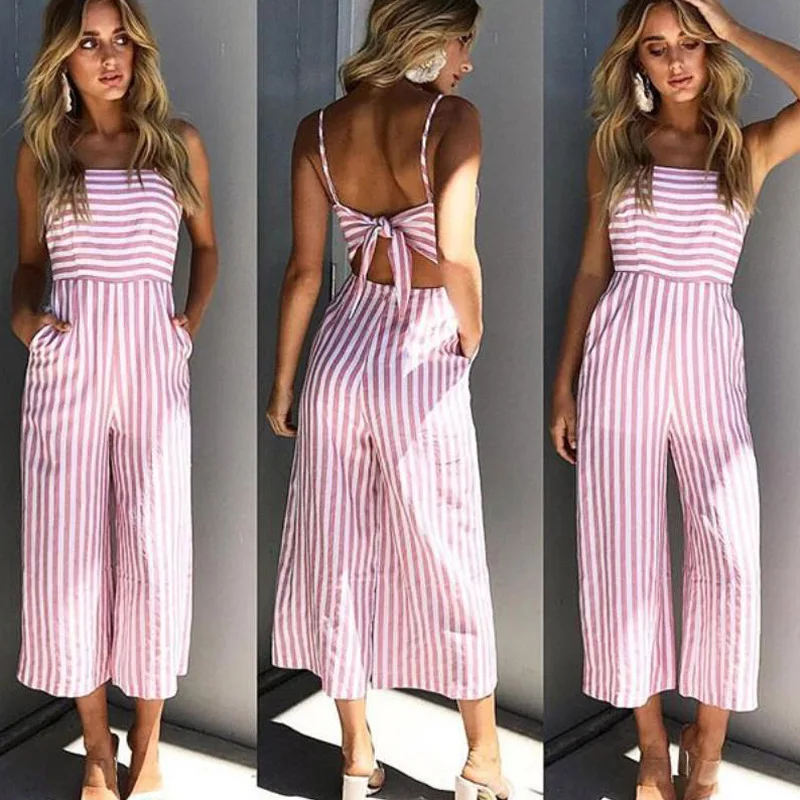 

Casual Jumpsuits Pink Striped Jumpsuits Sexy Backless Bandage Playsuit Blue Fashion Nova Woman Streetwear Ladies Femme Clothes
