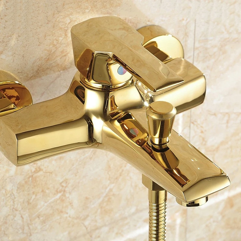 US $63.64 Vidric Brass Gold Plated Bathtub Faucet With Hand Shower Wall Mounted Bathroom Bath Shower Faucets Mixer Tap Torneiras