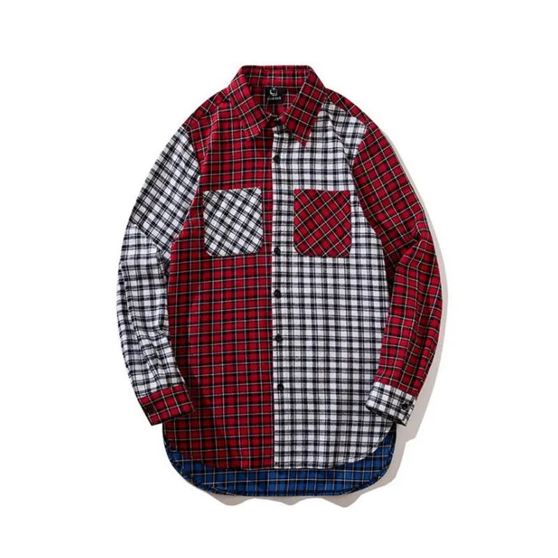 2018 flannel plaid Hip hop grid Man shirt Side split turn down collar ...