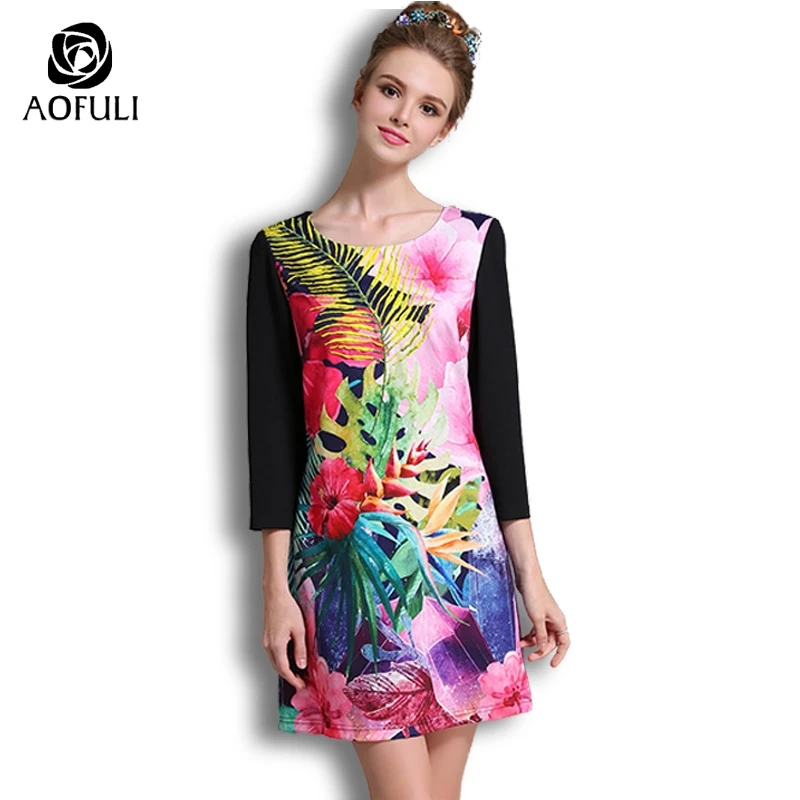 

AOFULI S~ XXL Colorful Flower Print Casual Dress Spring Autumn Plus Size Three-quarter Sleeve Patchwork Fashion Dress B2891