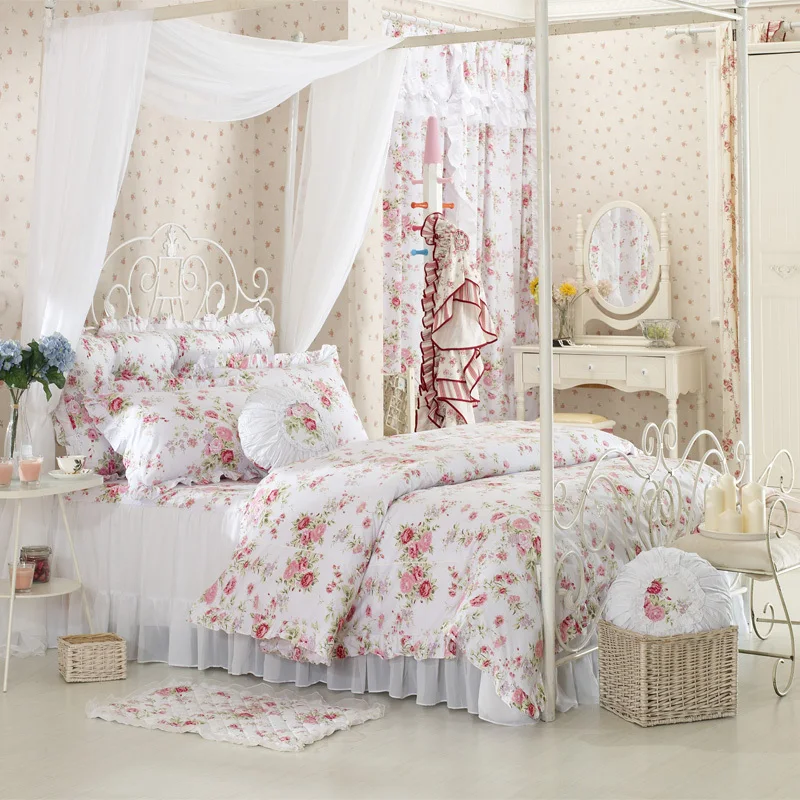 Girls Princess Rural Floral Bedding Sets White Yarn Ruffle Duvet