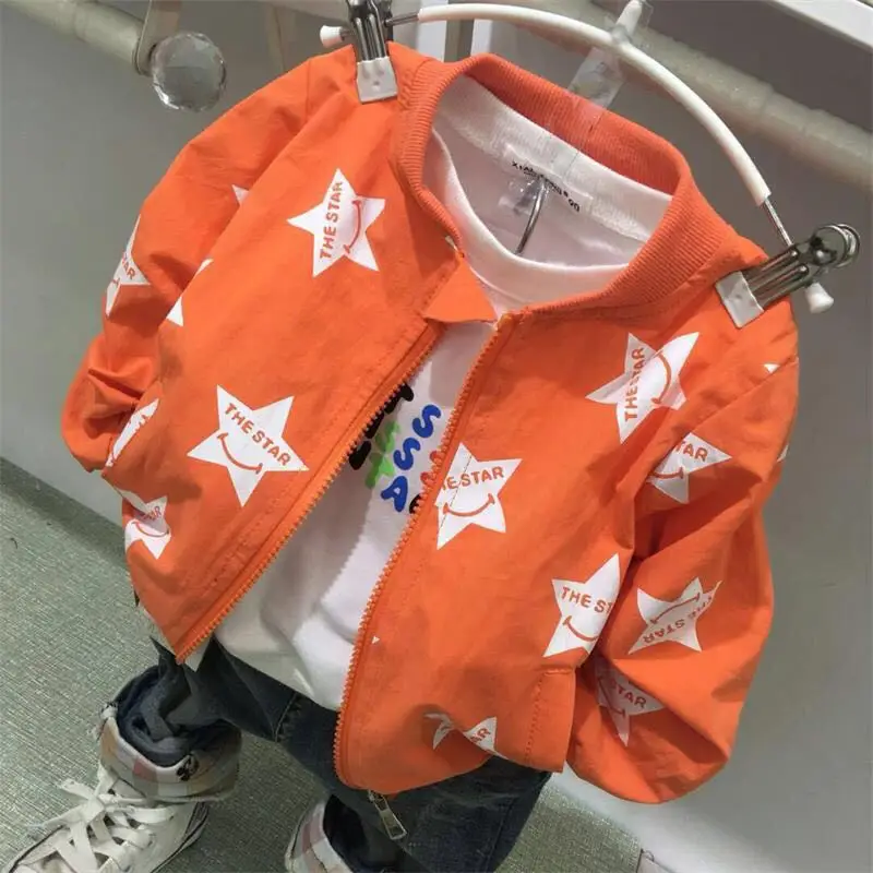 Модная одежда для мальчиков от 2 до 5 лет осенняя куртка для мальчиков хлопковое весеннее Детское пальто на молнии с принтом звезды бейсбольный свитер - Цвет: Оранжевый