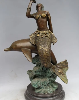

17"Western Art sculpture Bronze Marble Lifelike Dolphin MERMAID sea-maid Statue