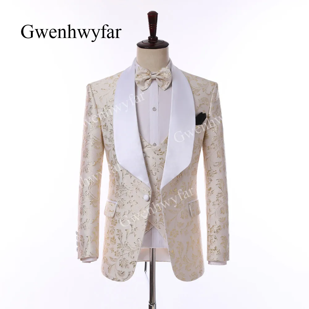Megaventa Trajes De Hombre Blanco Marfil Gwenhwyfar 2019 Nuevo Diseno Floral Jacquard Chal Solapa Trajes Blazer Pantalon Chaleco Negocios Boda Hombres Esmoquin August 2020
