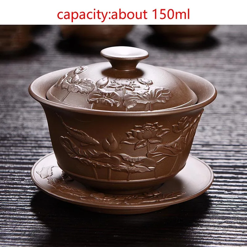 150cc Исин фиолетовая глина винтажный Gaiwan тисненый Лотос сырой руды Zisha художественная посуда для напитков домашний чай церемония Улун чай чайник для Пуэра подарок