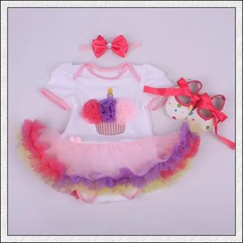 

Baby Rompers 3PCs Infant Clothing Set Baby Girls Birthday Cupcake Tutu Dress Jumpersuit Headband Shoes