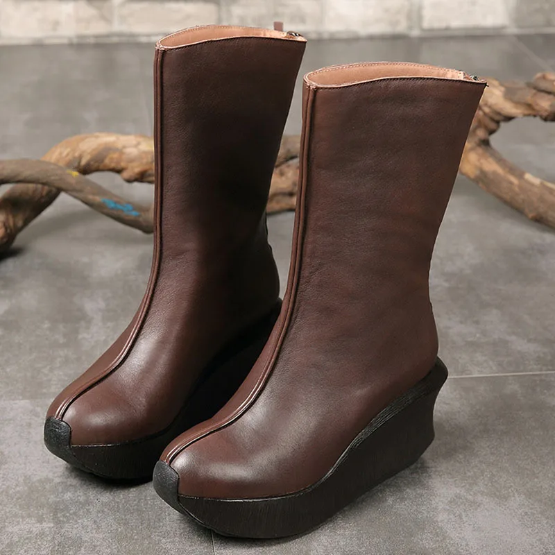 

Autumn and winter new women's boots round head thick bottom leather tube simple female wedge with back zipper leather Martin