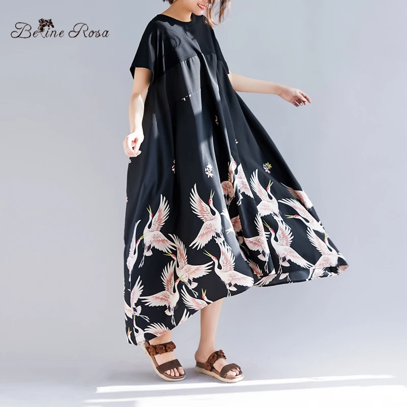 BelineRosa 2019 Summer Holiday Casual Style Shirt Dresses Elegant Printing Irregular Hem Black Plus Size Tunic Dress TYW00972