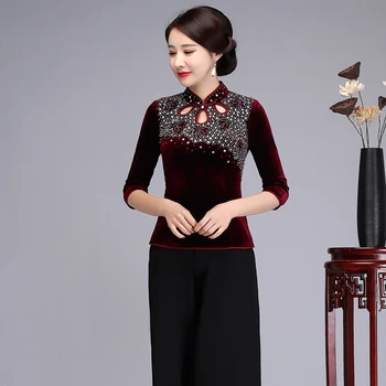 

Velour Chiense National Elegant Lady Flower Clothing Spring Summer Three Quarter Sleeve Sapphire Blue Shirt M-4XL