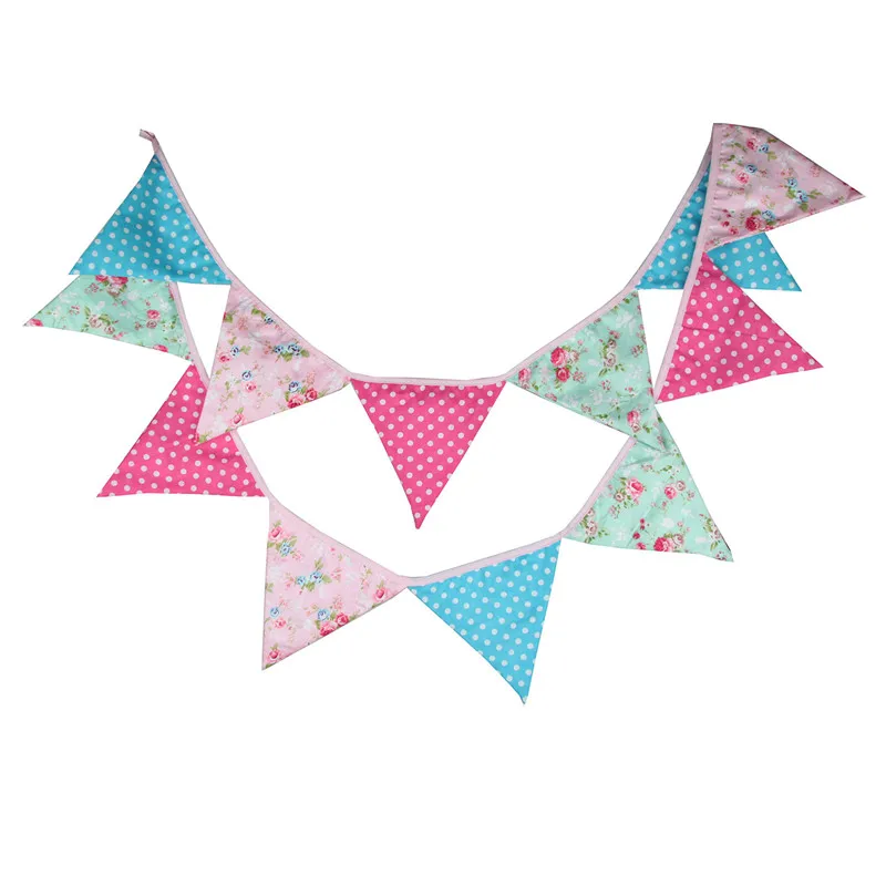 

12 Flags 3.2m Pink Dot Pastoral Cotton Fabric Bunting Pennant Flag Banner Garland Birthday/Baby Shower Party DIY Home Decoration