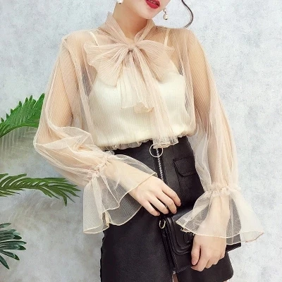 

2019 new fashion women shirts transparent mesh blouse bowtie collar flare sleeve 2pcs sexy summer top femme blusa chemise